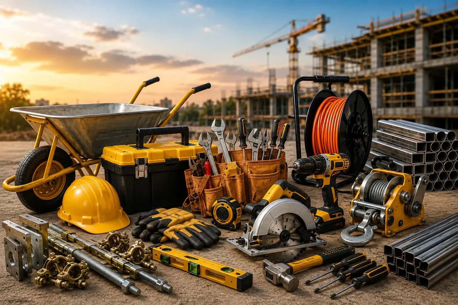 Construction tools and equipment laid out at a building site at sunset